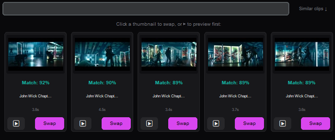 The Curator interface highlighting the swap search feature and timeline editing capabilities